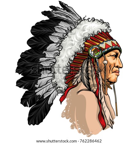 Detailed, hand drawn, native american sitting bull vector portrait. Headdress with feathers indian chief of tribe. 商業照片 © 