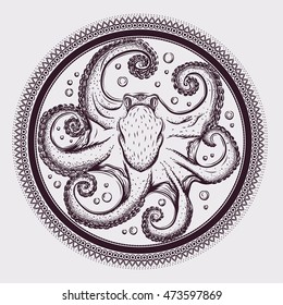 Detailed hand drawn octopus. Mandala.Sketch for tattoo. Black and white illustration. Vector isolated image.