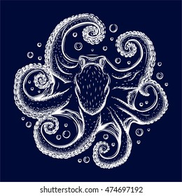 Detailed hand drawn octopus on dark background.Vector isolated illustration.Print for t-shirt. 