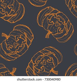 Detailed hand drawn pattern of Halloween pumpkin lantern with smiling face. Horror theme art. Textile, clothes, fabric, paper, print. Web background.