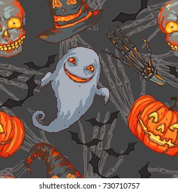 Detailed hand drawn pattern of pumpkin lantern with smiling face, witch hat, bats, ghost, skull. Greeting card poster design background. Textile, clothes, fabric, paper, print.
