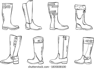 Detailed hand drawn rain or winter boots, set of isolated vector illustrations.