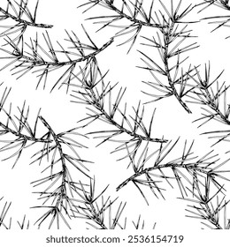 Detaillierte handgezeichnete nahtlose Vektorgrafik von Fichtenzweigen. Realistisches Design im Tintenskizzenstil, perfekt für die Natur, Projekte zum Thema Öko, Weihnachtsdekorationen und botanische Illustrationen.