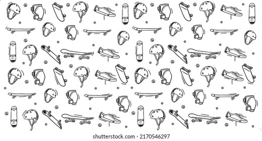 detailed hand drawn skateboard seamless pattern. skateboarding background. Illustration of doodle skateboard. set of skateboarding drawings Vector illustration.