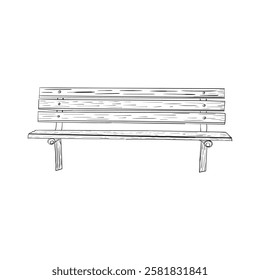 A detailed, hand drawn sketch of a classic wooden park bench.