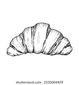 Un boceto detallado dibujado a mano de un croissant. Vector ilustración en blanco y negro de un pastel francés en capas. Perfecto para panadería, desayuno o diseños relacionados con alimentos y conceptos de embalaje.