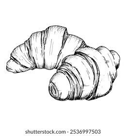 Un boceto detallado de croissants dibujado a mano. Vector ilustración en blanco y negro de un pastel francés en capas. Perfecto para panadería, desayuno o diseños relacionados con alimentos y conceptos de embalaje.