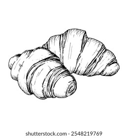 Un boceto detallado de croissants dibujado a mano. Vector ilustración en blanco y negro de un pastel francés en capas. Perfecto para el desayuno, panadería o diseños relacionados con la comida y conceptos de embalaje.