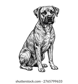 A detailed hand drawn sketch of a sitting dog isolated on a white background. This elegant monochrome pet portrait captures the loyal nature of the animal, perfect for creative design projects.