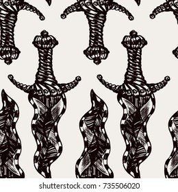 Detailed hand drawn tile pattern of old curved curved dagger knife. Graphic old school tattoo style art, traditional symbol. Design t-shirt print.