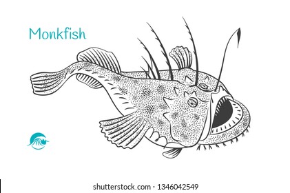 Detailed hand drawn vector black and white illustration of Monkfish