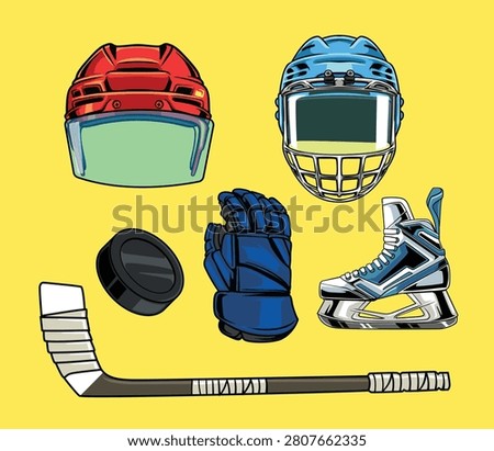Detailed hand drawn vector graphic collection of ice hockey equipment including protective helmets, glove, ice skate, stick, and a puck
