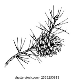 Ilustração vetorial desenhada à mão detalhada de ramos de pinho e cones. Design de estilo de esboço de tinta realista, perfeito para a natureza, projetos com temas ecológicos, decorações de Natal e ilustrações botânicas.