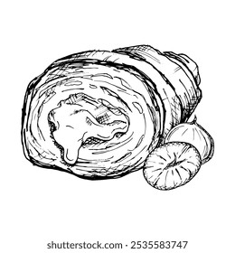 Una detallada Ilustración vectorial de croissant dibujada a mano con avellanas. Boceto en blanco y negro que muestra la textura escamosa y el relleno de nueces. Ideal para proyectos de panadería, envasado de alimentos o diseño culinario