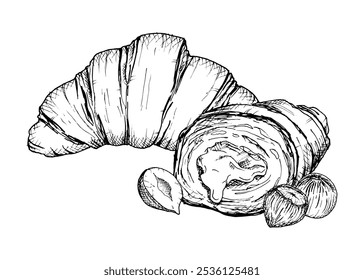 Una detallada Ilustración vectorial de croissants con avellanas dibujada a mano. Boceto en blanco y negro que muestra la textura escamosa y el relleno de nueces. Ideal para panadería, envasado de alimentos, proyectos de diseño culinario