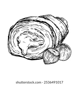 Una detallada Ilustración vectorial de croissant dibujada a mano con avellanas. Boceto en blanco y negro que muestra la textura escamosa y el relleno de nueces. Ideal para proyectos de panadería, envasado de alimentos o diseño culinario