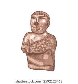 Ilustração vetorial desenhada à mão detalhada da antiga escultura do Sacerdote-Rei do Vale do Indo, Civilização Harapã. Busto masculino de desenho de eclosão adornado com entalhes intrincados e padrões.