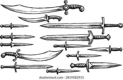 Detailed hand drawn vector illustration featuring a collection of medieval swords and daggers in a classic vintage engraving style. Ideal for historical publications, fantasy artwork, game assets, educational materials, logos, and decorative design projects.
