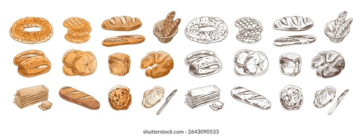 Conjunto vetor desenhado à mão detalhado de itens de padaria, incluindo pão, rolos, croissants, biscoitos, biscoitos, bolinho, torrada com manteiga e faca. Inclui versões coloridas e monocromáticas.