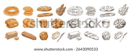 Detailed hand drawn vector set of bakery items including bread, rolls, croissants, cookies, crispbread, muffin, toast with butter and knife. Includes both colored and monochrome versions.