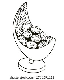 Un boceto de Vector dibujado a mano detallado de la fruta de dátiles secos servido en un cuenco decorativo en forma de luna creciente. Esta ilustración rústica de arte lineal captura la cultura tradicional de Oriente Medio de servir dátiles durante el mes sagrado de Ramadán e Iftar. El estilo minimalista en blanco y negro es perfecto para tarjetas de felicitación culturales, menús de comida saludable, celebraciones religiosas y marca de refrigerios orgánicos. El diseño presenta una estética a mano alzada, dibujada a mano con sombras artísticas y un plato de pedestal lunar único, lo que lo convierte en un elemento ideal para temas de Eid Mubarak, tradiciones islámicas y diseños culinarios de Oriente Medio.