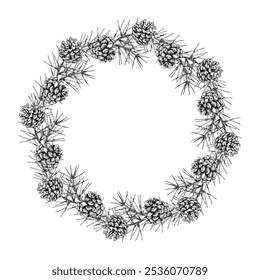 Detailed hand drawn vector wreath of pine branches and cones. Circular frame. Ideal for Christmas holiday designs, winter themes, invitations and seasonal decor