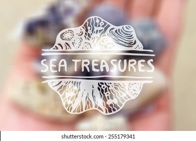 Detailed hand drawn zentangle element on blurred background. Sea treasures.  Concept for yoga studios, ethnic shops, travel agencies, souvenir shops, accessories shops, diving centers. 