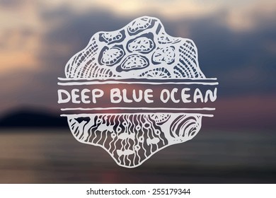 Detailed hand drawn zentangle element on blurred background. Deep blue ocean.   Concept for yoga studios, ethnic shops, travel agencies, souvenir shops, accessories shops, diving centers.