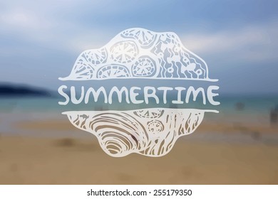 Detailed hand drawn zentangle element on blurred background. Summertime.  Concept for yoga studios, ethnic shops, travel agencies, souvenir shops, accessories shops, diving centers.