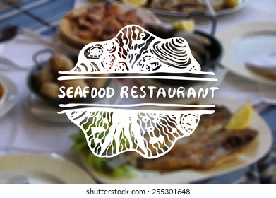 Detailed hand drawn zentangle element on blurred background. Concept for seafood markets and restaurants. Suitable for ads, signboards, gift cards, price lists, menus, and brand identity design