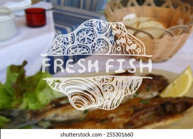 Detailed hand drawn zentangle element on blurred background. Concept for seafood markets and restaurants. Suitable for ads, signboards, gift cards, price lists, menus, and brand identity design