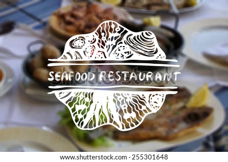 Detailed hand drawn zentangle element on blurred background. Concept for seafood markets and restaurants. Suitable for ads, signboards, gift cards, price lists, menus, and brand identity design