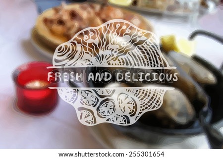 Detailed hand drawn zentangle element on blurred background. Concept for seafood markets and restaurants. Suitable for ads, signboards, gift cards, price lists, menus, and brand identity design