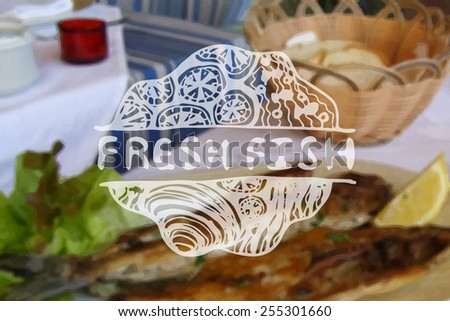 Detailed hand drawn zentangle element on blurred background. Concept for seafood markets and restaurants. Suitable for ads, signboards, gift cards, price lists, menus, and brand identity design
