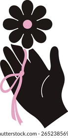 Design detalhado de mão e flor com centro de fita rosa promovendo esperança e apoio em imagens de consciência de câncer de mama, ideal para ilustrações e desenhos digitais