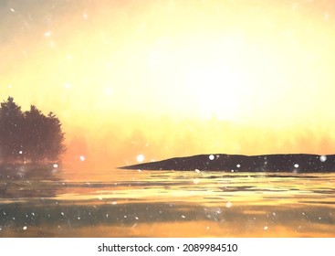 Detailed hand painted watercolour winter solstice landscape at sunset