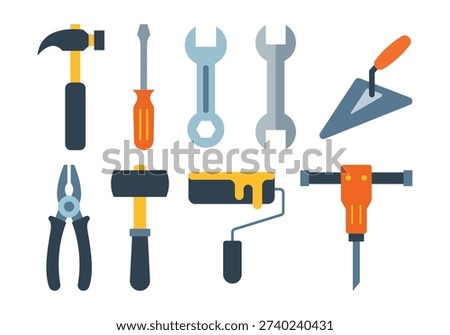 Detailed hand tools collection including hammer, screwdriver, pliers, wrench and drill. Ideal for home improvement, workshop content and professional repair service materials.