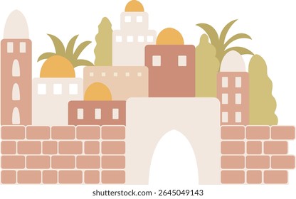 Detailed hand-drawn biblical cityscape in vector format, featuring old testament architecture, sacred buildings, scenery for church materials, kids bible stories or educational design