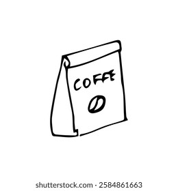 A detailed hand-drawn black liner illustration of a craft coffee package with the word "Coffee" on it. Perfect for café branding, packaging design, menus, prints, stickers, and coffee-themed projects.