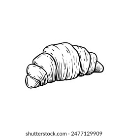 A detailed hand-drawn black and white sketch of a croissant, perfect for bakeries or menus with a classic artisan feel