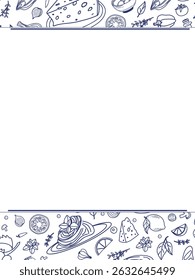 A detailed, hand-drawn border design illustrating various culinary elements like cheese, vegetables, and herbs. This illustration is perfect for use in menus, recipe books, or food-related projects.
