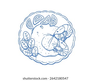 Detailed hand-drawn breakfast plate with eggs, greens, and bread, stylish Mediterranean cuisine concept, delicate blue line art, healthy meal idea, elegant artistic illustration