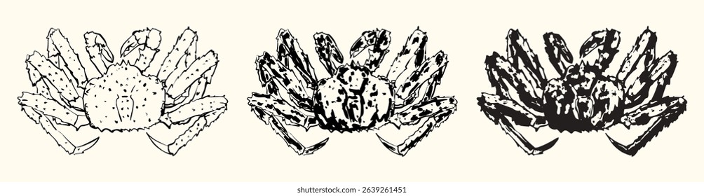 Detailed hand-drawn crab illustration set in black line art style. Ideal for seafood menus, vintage packaging, tattoo art, or marine biology visuals. Perfect for designers and illustrators.