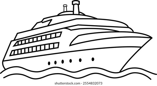 A detailed hand-drawn cruise ship line art illustration, showcasing intricate details and sleek design, perfect for travel and nautical-themed projects.