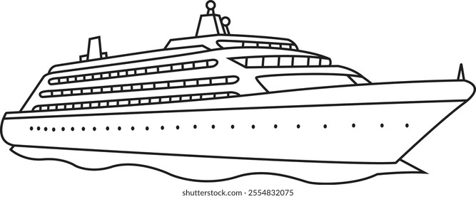 A detailed hand-drawn cruise ship line art illustration, showcasing intricate details and sleek design, perfect for travel and nautical-themed projects.