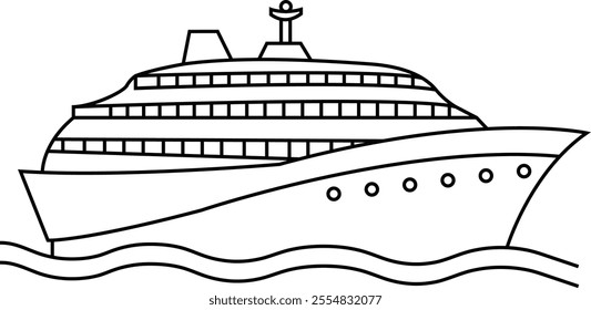 A detailed hand-drawn cruise ship line art illustration, showcasing intricate details and sleek design, perfect for travel and nautical-themed projects.