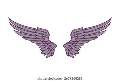Detailed hand-drawn feathered wings in various angles and styles black and white sketch vector illustration