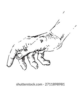 Ilustração Detalhada de Vetor de Mão Humana Desenhada à Mão em Gravura Vintage e Estilo de Eclosão, Alcance de Palma Aberta ou Gesto de Agarrar.