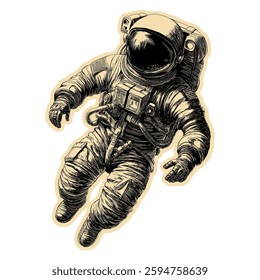 A detailed hand-drawn illustration of an astronaut floating in space. The astronaut is depicted in a vintage, black and white style with a sepia background,The style evokes a classic space exploration