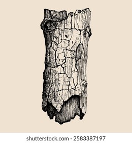 A detailed hand-drawn illustration of a cracked and aged tree bark, showcasing intricate texture and natural patterns.